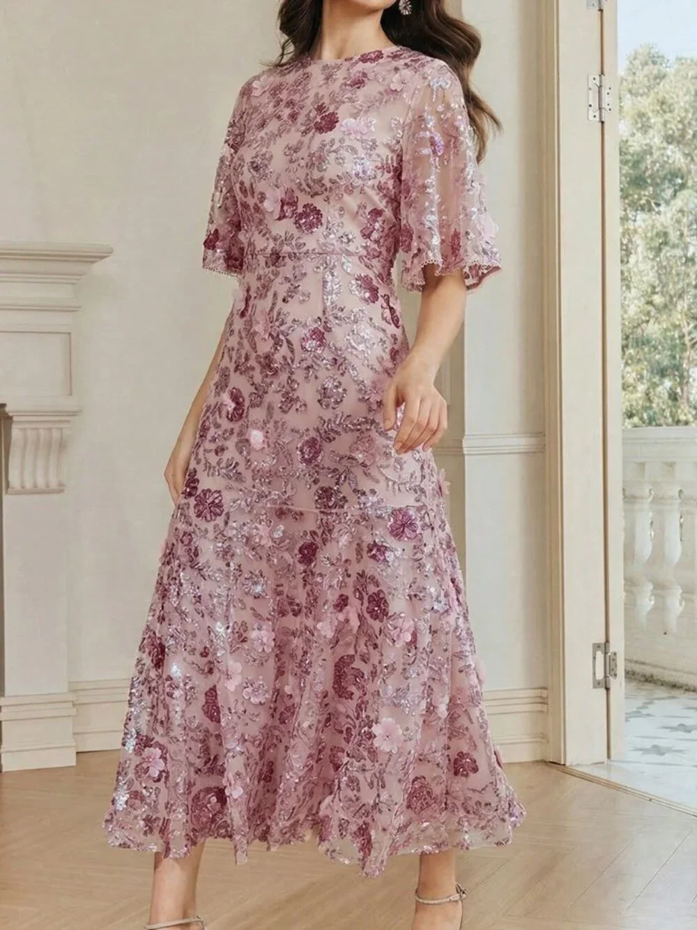Pink Elegant Women's Floral Mesh Ruffle Trim Sequin Short Sleeve Dress
